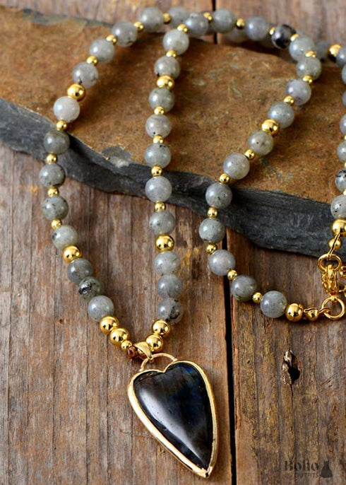 Boho Necklace, Seed Beads Gems Stone Heart Pendant Necklace